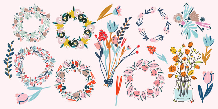 Stylish set of flowers, floral wreaths and bouquets. Vector illustration, postcard, print, design