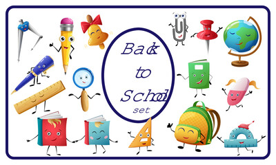 Set of school items characters. Cartoon funny personages of supplies include books, backpack, pen, pencil, globe, bell, ruler, notebook, magnifier etc. Cute kawaii vector education elements for design