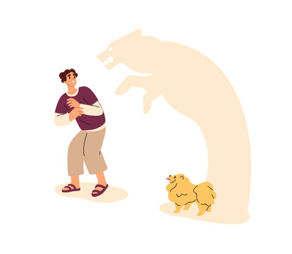 Person afraid of small dog, puppy. Fear of canine animals, cynophobia concept. Frightened man with mental anxiety, psychological disorder. Flat vector illustration isolated on white background