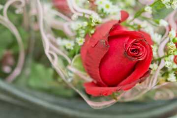close up of red roses on a bouquet