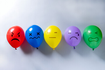 Mental health concept - selection of emojis on colorful balloons for different mental states