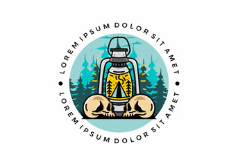 Outdoor lantern with triangle camping tent and two skull illustration