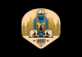 Outdoor lantern with triangle camping tent and two skull illustration