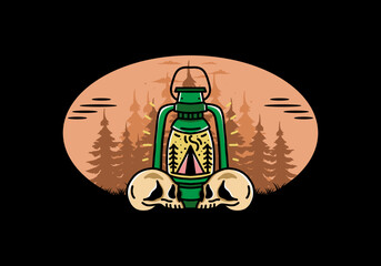 Outdoor lantern with triangle camping tent and two skull illustration