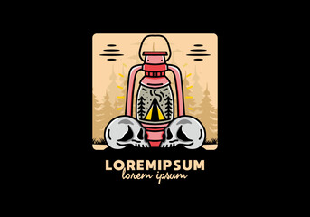 Outdoor lantern with triangle camping tent and two skull illustration