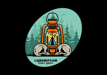 Outdoor lantern with triangle camping tent and two skull illustration