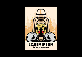 Outdoor lantern with triangle camping tent and two skull illustration