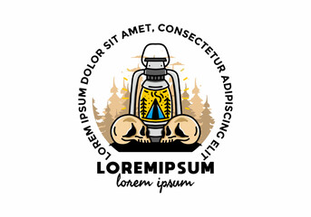 Outdoor lantern with triangle camping tent and two skull illustration