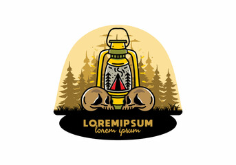 Outdoor lantern with triangle camping tent and two skull illustration