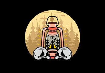 Outdoor lantern with triangle camping tent and two skull illustration