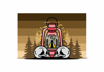 Outdoor lantern with triangle camping tent and two skull illustration