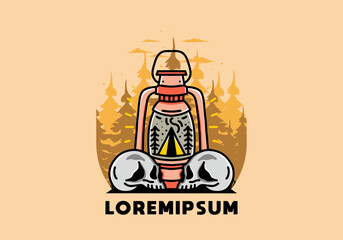 Outdoor lantern with triangle camping tent and two skull illustration