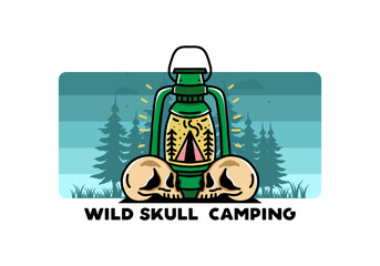 Outdoor lantern with triangle camping tent and two skull illustration