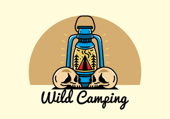 Outdoor lantern with triangle camping tent and two skull illustration