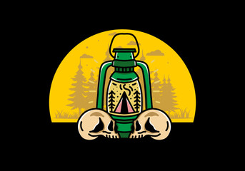 Outdoor lantern with triangle camping tent and two skull illustration