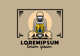 Outdoor lantern with triangle camping tent and two skull illustration