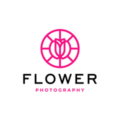 Photography logo. Camera lens with rose flower linear logo icon vector