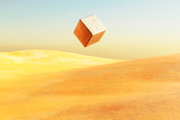 Surreal desert landscape with white bright cube floating over desert. 3d render