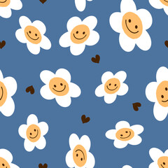 Seamless pattern with daisy cartoons and hearts on blue background vector, Cute floral print.