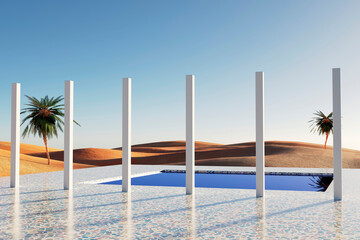 Panorama of the desert with palm trees and swimming pool, 3d rendering