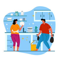 Woman Washing the Dishes and Man Sorting the Garbage in the Kitchen
