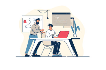 Fototapeta premium Software developers concept in flat line design with people scene. Men working as programmists at IT company, programming and creating code, testing and optimization apps. Vector illustration for web