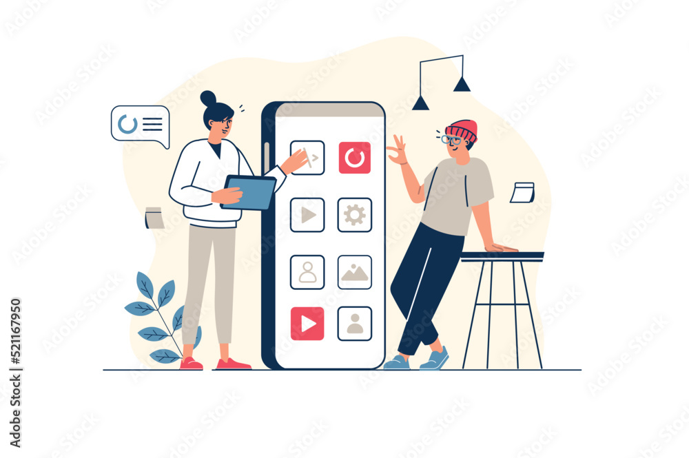 Poster app development concept in flat line design with people scene. woman and man make user interface lay