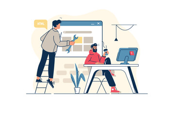 Web development concept in flat line design with people scene. Men creates sites and homepages layouts and optimization for different gadgets, fillings graphic content. Vector illustration for web