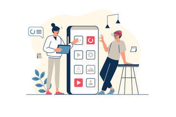 App development concept in flat line design with people scene. Woman and man make user interface layout for mobile application, creates graphic elements and places buttons. Vector illustration for web