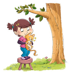 Illustration of a little girl helping a cat that has hurt itself - 521167990