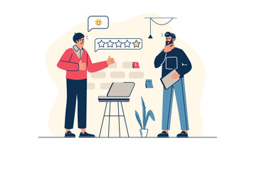 Best feedback concept in flat line design with people scene. Men share experience and put rating, leave their comments and positive assessments of service or business. Vector illustration for web