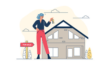 Real estate concept in flat line design with people scene. Woman holds keys to new home or apartment and rejoices in purchase of property. Realtor sells houses for clients. Vector illustration for web