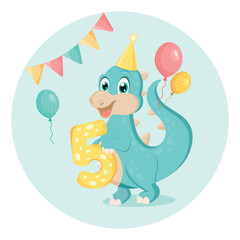 Cute baby dinosaur. Birthday invitation. five years, five months. Happy birthday greeting card.