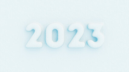 2023 numbers emboss from white snow background. Happy New Year minimalistic realistic 3d render illustration