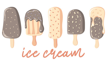 Collection of ice cream with chocolate syrup isolated on white background. Sweet dessert. Vector illustration