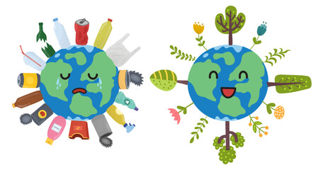 Save the planet print with cute character. Two states of Earth: crying polluted and happy clean planet with trees and plants. Plastic pollution problem concept. Vector illustration