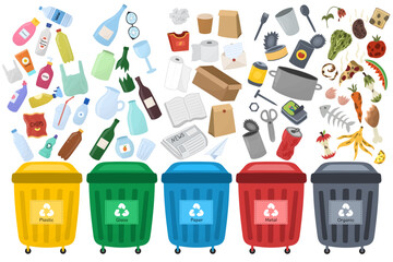 Trash sorting set with recycling bins. Waste sorting collection with containers in different colors for plastic, paper, glass, metal and organic. Recycling garbage. Vector illustration - 521168561