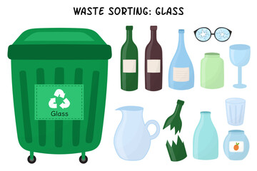 Glass garbage sorting set. Green trash can for glass waste with bottles and tableware. Separating and recycling objects collection. Vector illustration - 521168563