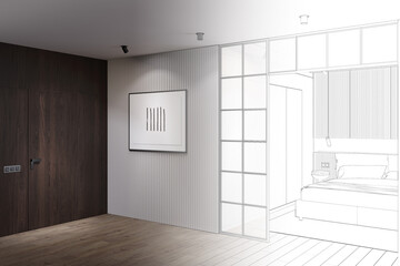 A sketch becomes a dark minimalist interior with an illuminated horizontal poster on a gray wall, a built-in wooden door, and a bedroom partition with lockers above a modern bed headboard. 3d render