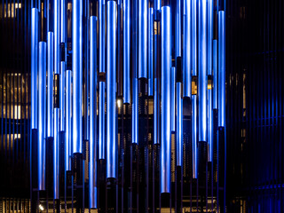 Pipe organ at Organ Hall of a Philharmonic. Steel tubes of Pipe Organ in contemporary philharmonic hall