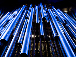 Pipe organ at Organ Hall of a Philharmonic. Steel tubes of Pipe Organ in contemporary philharmonic...