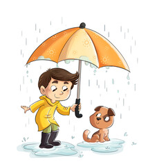 illustration of boy with dog with umbrella while it rains - 521169108