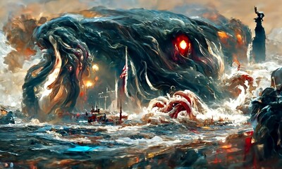 painting on the apocalypse over the sea medusa