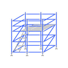 Mobile scaffolding, white background, used in construction areas.