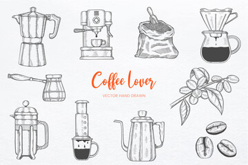 coffee lover set collection with hand drawn sketch vector - obrazy, fototapety, plakaty