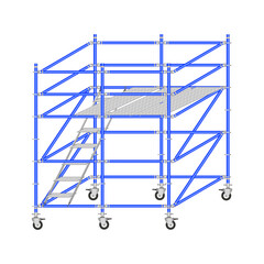 Mobile scaffolding, white background, used in construction areas.