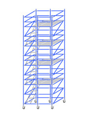 Mobile scaffolding, white background, used in construction areas.