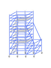 Mobile scaffolding, white background, used in construction areas.