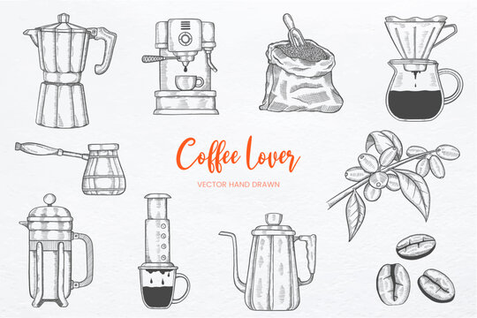 coffee lover set collection with hand drawn sketch vector