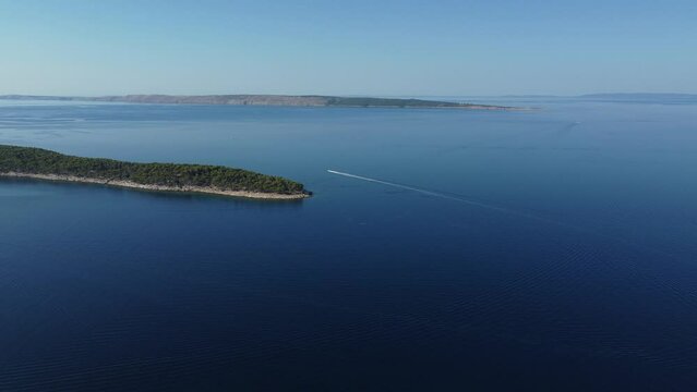 Archipelago Of The Island Of Rab, Croatia, Adriatic Sea, Shot By Drone From 150 Meters, Early Morning, Traces Of Small Boats On The Blue Sea, Summer